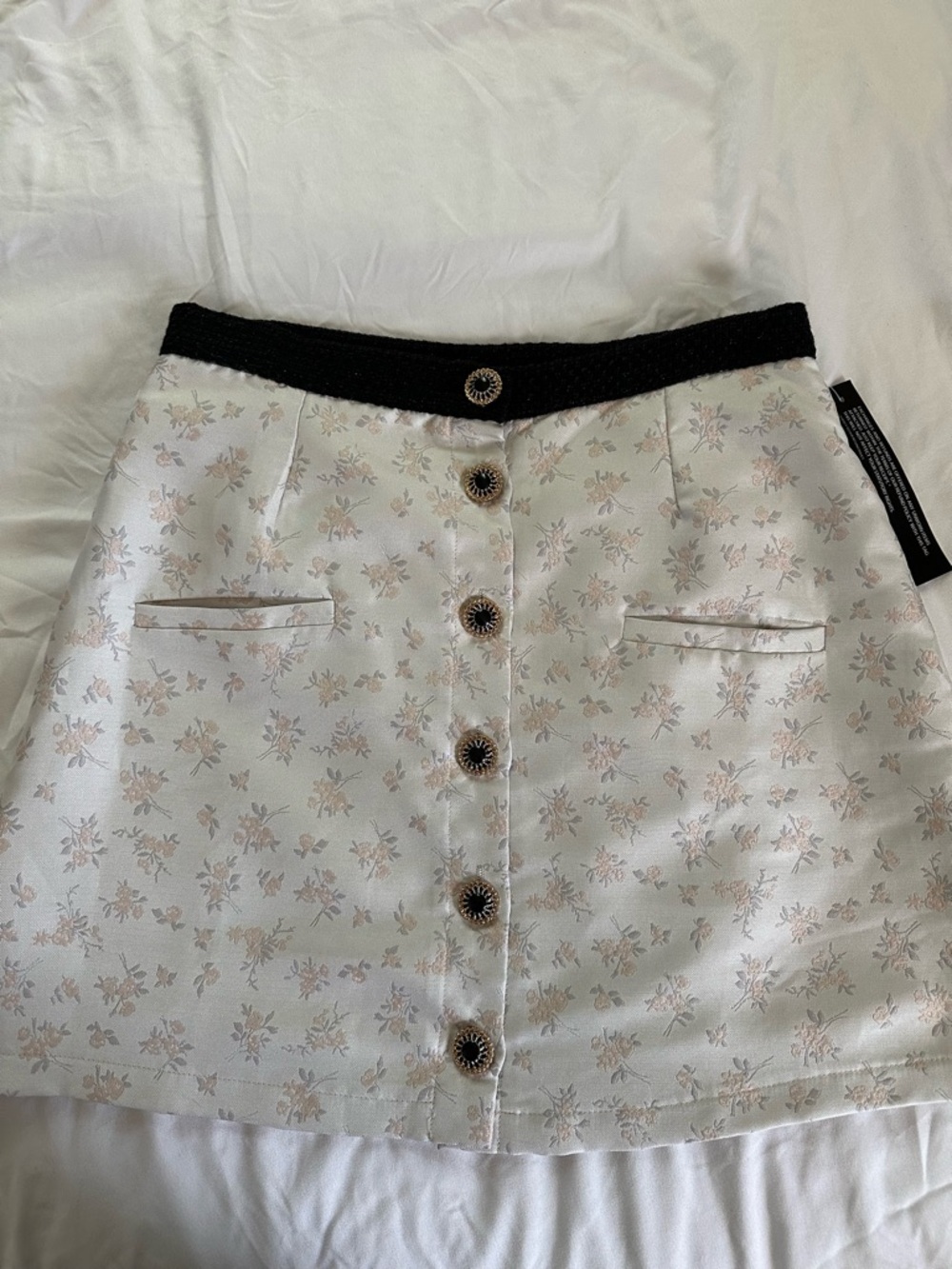 Sister Jane White Floral Button-Front Mini Skirt with Black Waistband